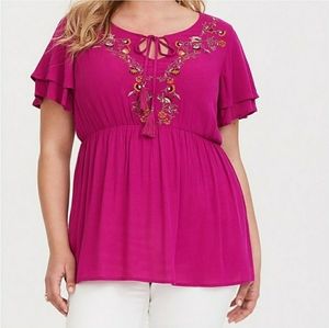 Torrid NWT Pink Embroidered Babydoll Blouse 3X